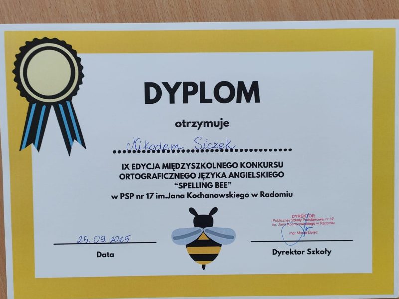Udział ucznia klasy 7a w międzyszkolnym konkursie językowym