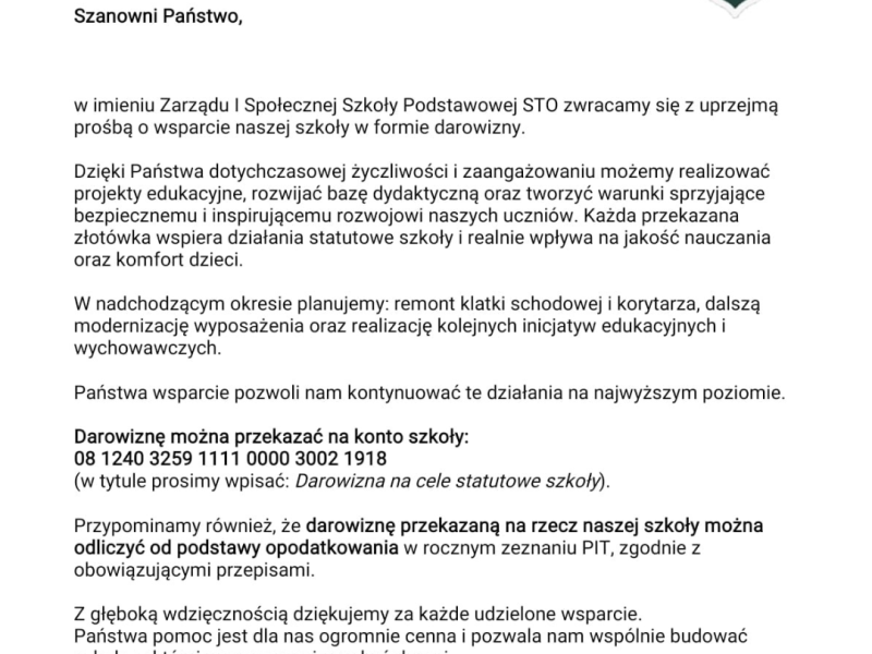 Prośba o wsparcie naszej szkoły